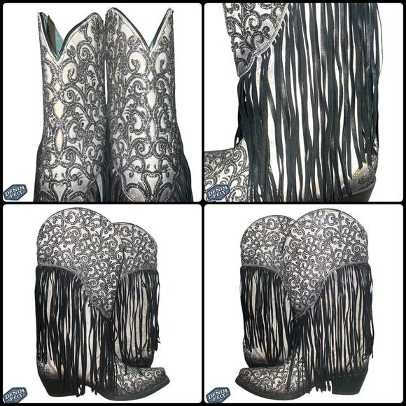 Corral Women’s OVERLAY BLACK EMBROIDERY LAMB FRINGE WHITE SNIP TOE COWBOY BOOT - Picture 15 of 15